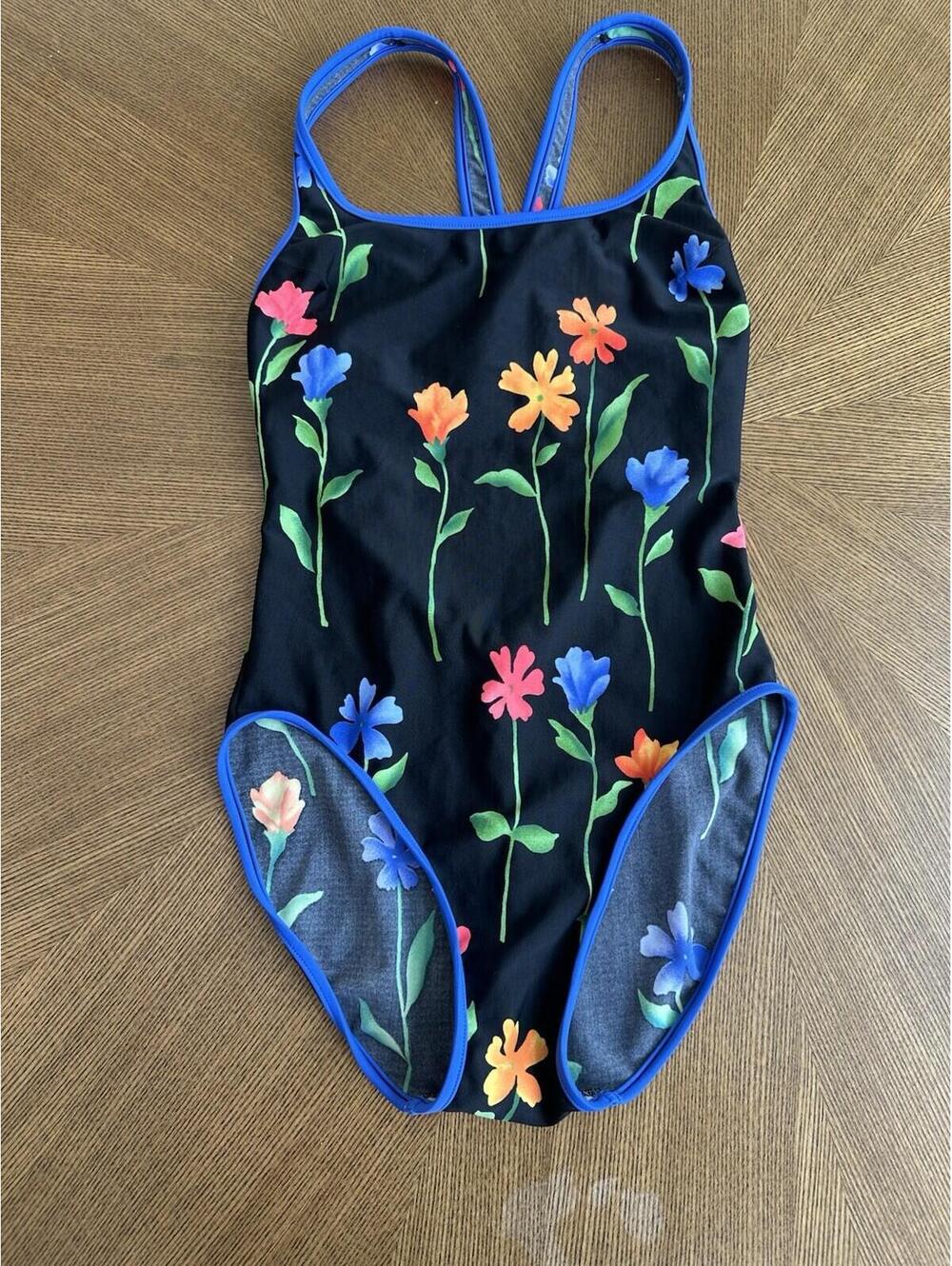 90s Vintage Swimsuit Women’s Sz 12 One Piece Black Colorful Floral Unlined